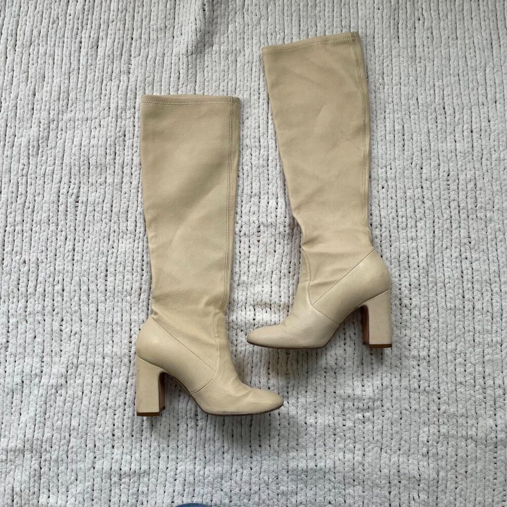 Stuart Weitzman Women's Leather Bisque Knee-High Milla Boots - Size 6 - Picture 2 of 6